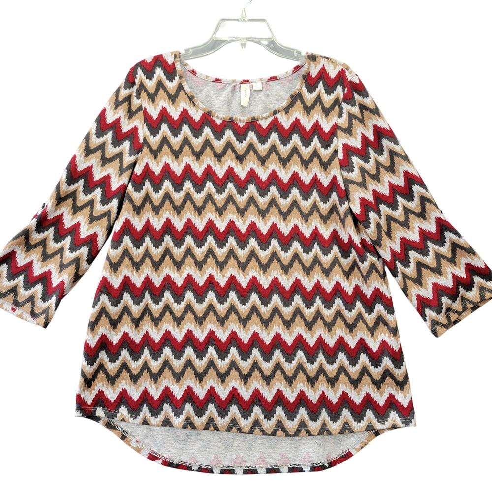 Tacera Brown Red Shirt Stretch Chevron Striped 3/4 Sleeves Womens Size L Tee Top